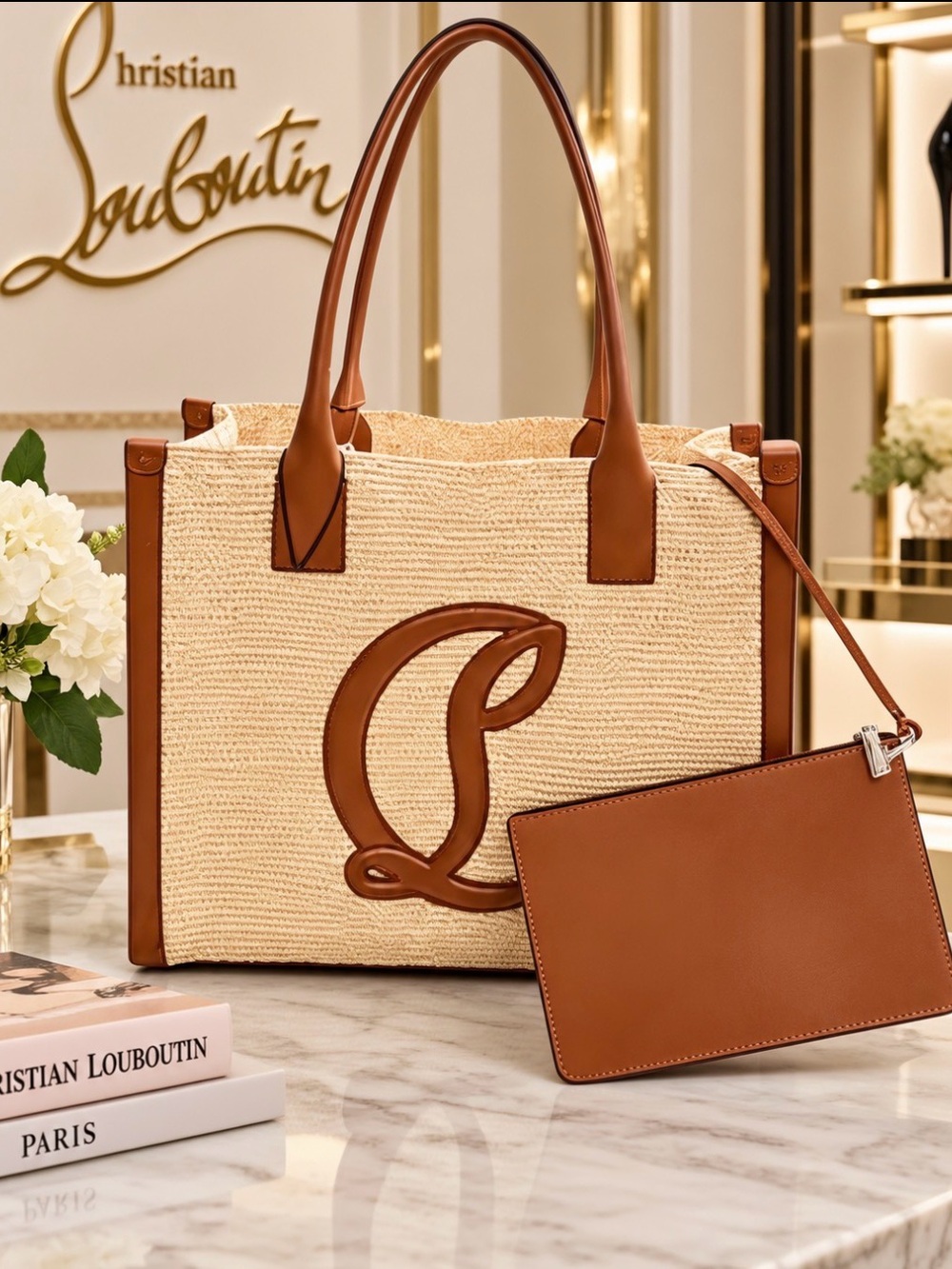 Christian Louboutin NWT By My Side Raffia Tote with Pouch and Dust Bag